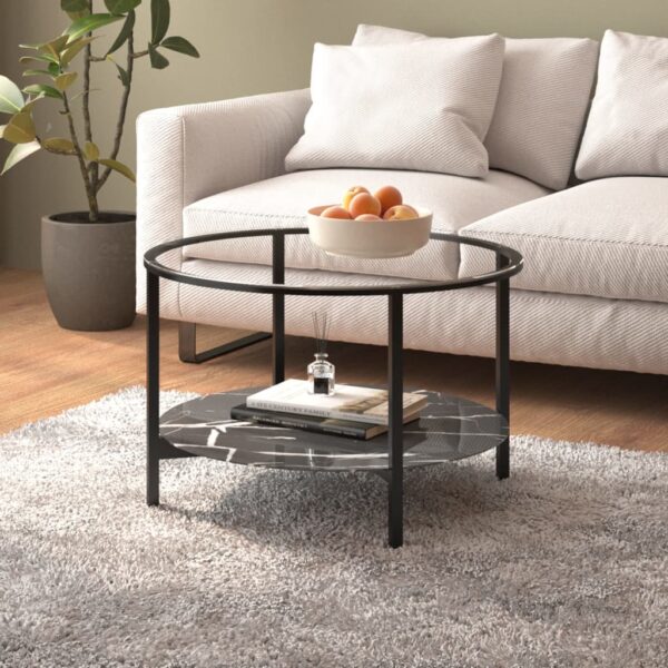 Contemporary Black Marble Tea Table with Tempered Glass  70 cm  Ideal for Home Decor