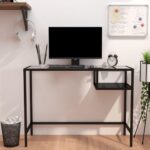 Modern Black Glass Computer Desk  Space-Saving  Sturdy Steel Frame  Industrial   Home Office