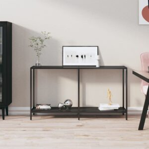 Stylish Black Console Table with Tempered Glass and Powder-Coated Steel  Extra Storage Shelf