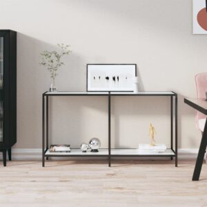 Stylish White Console Table with Tempered Glass and Powder-Coated Steel  Extra Storage Shelf