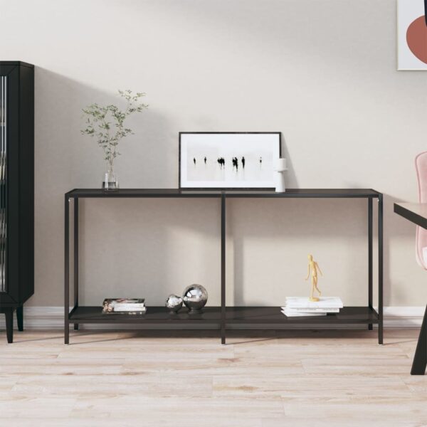 Stylish Black Console Table with Tempered Glass and Powder-Coated Steel  Extra Storage Shelf