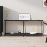 Stylish Black Console Table with Tempered Glass and Powder-Coated Steel  Extra Storage Shelf