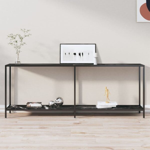 Stylish Black Console Table with Tempered Glass and Powder-Coated Steel  Extra Storage Shelf