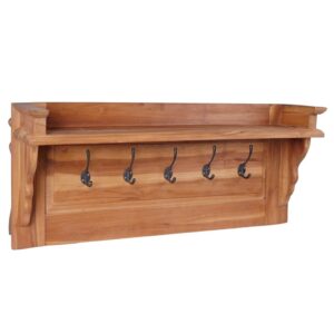 Solid Teak Wood Wall Mounted Coat Rack with Top Rack and Five Hooks  Colonial