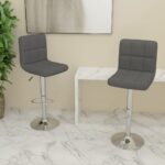 Set of Two Dark Grey Fabric Bar Stools with Chrome Steel Base  Swivel and Adjustable Height