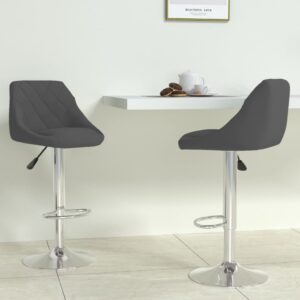 Set of 2 Dark Grey Velvet Bar Stools with Chromed Steel Frame  Swivel and Adjustable Height