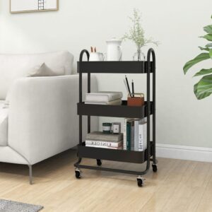 Black Steel 3-Tier Storage Trolley with Brakes - Ideal for Office  Kitchen  Beauty Supplies