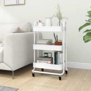 White Steel 3-Tier Storage Trolley with Brakes - Ideal for Office  Kitchen  Beauty Supplies