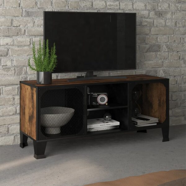 Rustic Brown TV Cabinet with Mesh Doors and Shelf  Metal and MDF  Urban Industrial Design