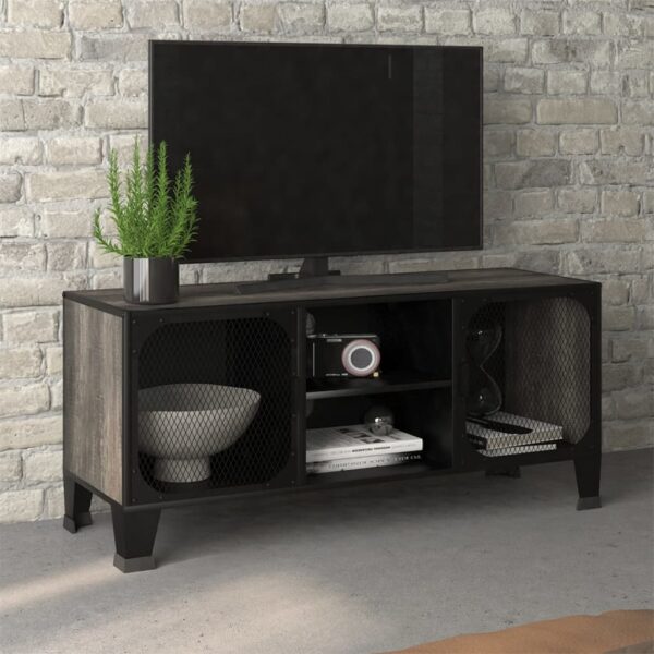 Stylish Grey TV Cabinet with Mesh Doors and Shelf  Metal and MDF  Urban Industrial Design