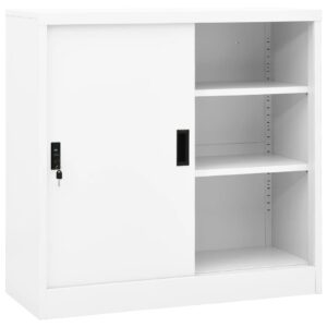 White Steel Office Cabinet with Sliding Door and Adjustable Shelves  Lock Included