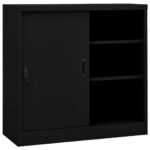 Black Steel Office Cabinet with Sliding Door and Adjustable Shelves  Lock Included