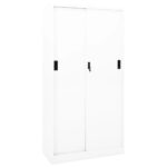 White Steel Office Cabinet with Sliding Door and Adjustable Shelves  Lock Included