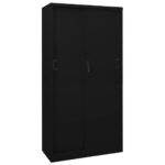 Office Storage Cabinet with Sliding Door in Black Steel  Adjustable Shelves  Lock Included