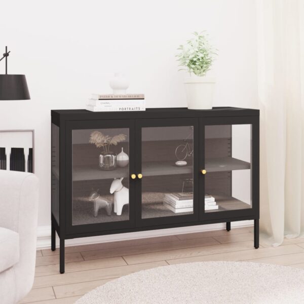 Stylish Black Sideboard Storage Cabinet with Adjustable Shelf  Tempered Glass Door