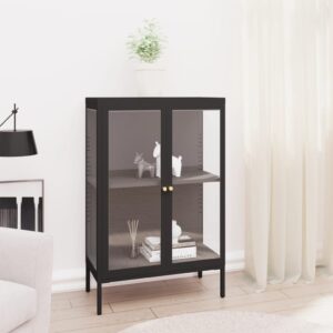 Stylish Black Sideboard in Steel and Glass  Adjustable Shelf and Feet  75x35x105 cm