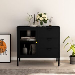 Stylish Black Sideboard with Adjustable Shelf and Drawers  Steel and Tempered Glass