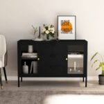 Stylish Black Sideboard with Adjustable Shelves and Drawers  Steel and Tempered Glass