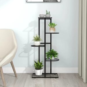 Black Metal Five-Tier Plant Stand for Indoor and Outdoor Use - Durable and Easy to Clean