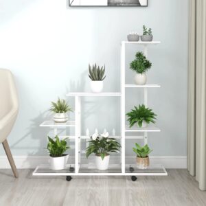 White Metal Flower Stand with Wheels - Durable Plant Display Rack - Easy to Move and Clean