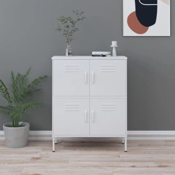 White Steel Storage Cabinet with Adjustable Shelves and Levelers for Home Organisation