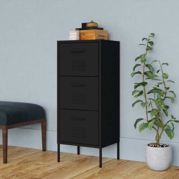 Stylish Black Steel Storage Cabinet with Adjustable Levellers and Fully Extendable Drawers