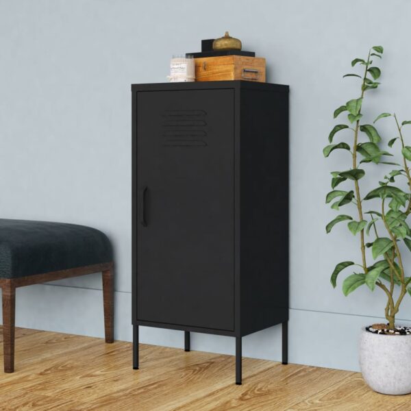 Black Steel Storage Cabinet with Adjustable Shelves and Levelers for Home Organisation