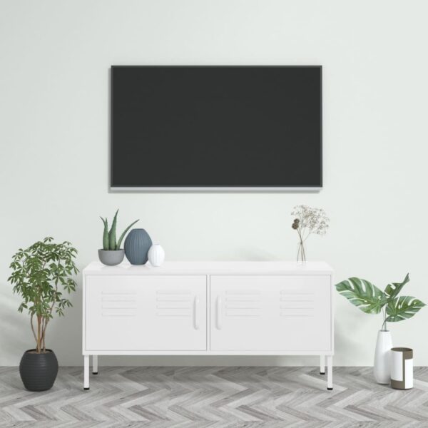 White Steel TV Cabinet with Adjustable Levellers and Cable Management Holes