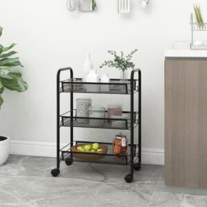 Black Iron 3-Tier Kitchen Trolley with Removable Mesh Baskets and Brakes on Wheels