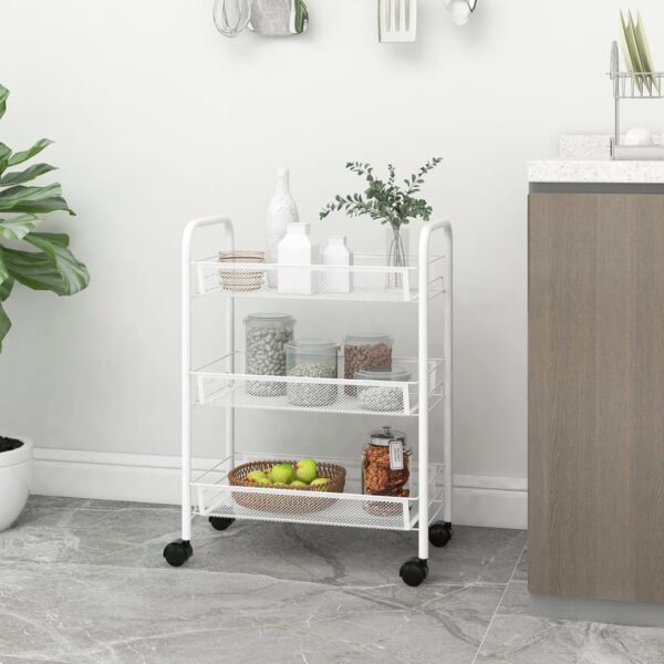 White 3-Tier Kitchen Trolley Iron Construction with Removable Mesh Baskets and Brakes