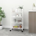 White 4-Tier Kitchen Trolley Iron Construction with Removable Mesh Baskets and Brakes