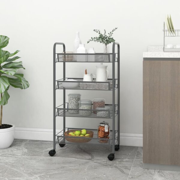 Grey Iron Kitchen Trolley with Four Tiers  Removable Mesh Baskets  and Braked Wheels