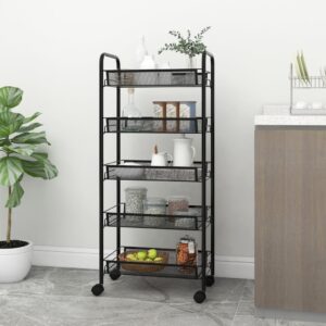 5-Tier Iron Kitchen Trolley in Black  Removable Mesh Baskets  With Brakes  Space-Saving  Durable