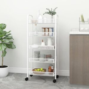 White Iron Kitchen Trolley 5-Tier with Removable Mesh Baskets and Brakes  Ideal for Organising and Storage