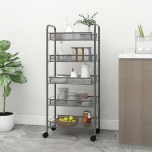 Grey Iron Kitchen Trolley with Five Tiers  Removable Mesh Baskets  and Braked Wheels