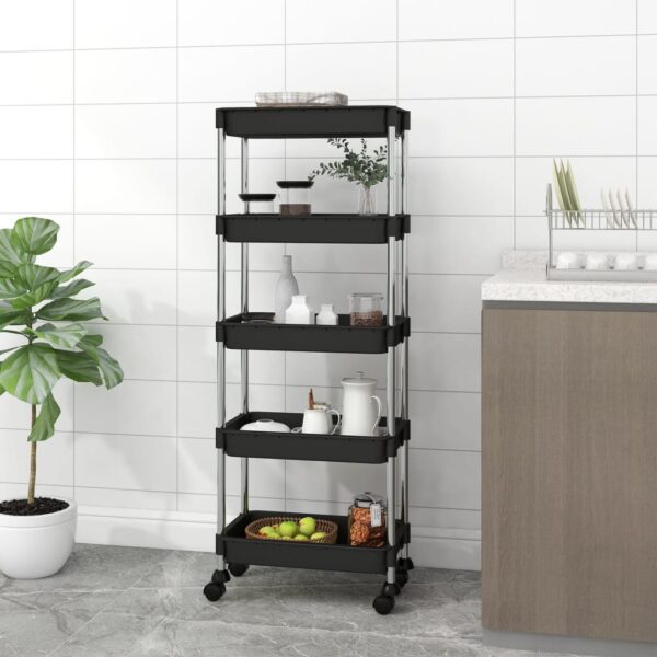 5-Tier Kitchen Trolley in Black  Iron and ABS  Space-Saving with Brakes  Ideal for Organising and Storage