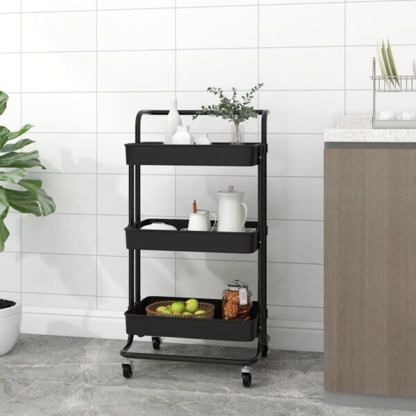 Black 3-Tier Kitchen Trolley Iron and ABS Material with Handle and Wheels for Easy Moving