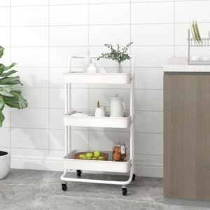 White 3-Tier Kitchen Trolley Iron and ABS Material with Handle and Wheels