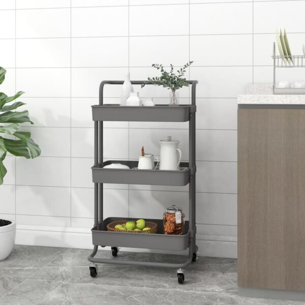 Grey 3-Tier Kitchen Trolley with Handle  Iron and ABS Material  Easy Assembly  Mobile Storage Solution