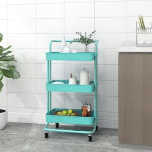 Turquoise 3-Tier Kitchen Trolley Iron and ABS Material with Brakes and Handle