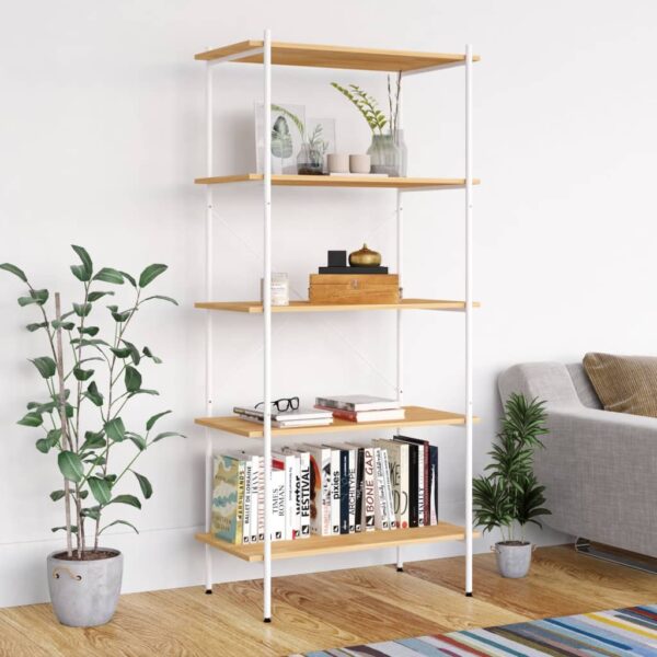 White and Oak 5-Tier Shelving Unit  Sturdy Steel Construction  Ideal for Home and Office