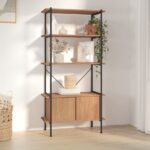 5-Tier Steel Shelving Unit with Cabinet  Engineered Wood  Light Brown and Black  Ample Storage Space