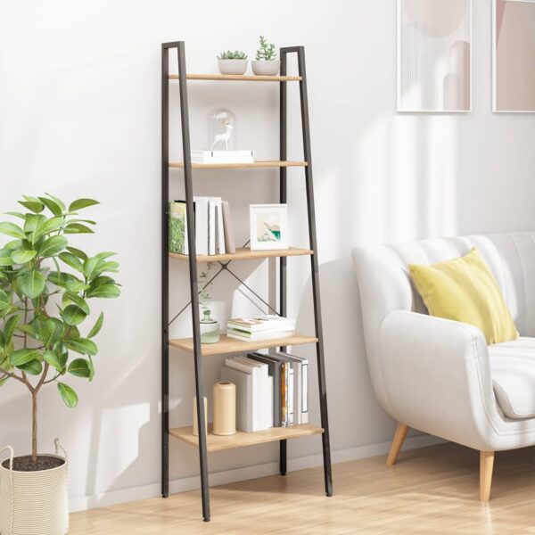 Light Brown and Black 5-Tier Standing Shelf - Sturdy Steel Frame  Ample Storage Space  Ideal for Home and Office