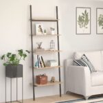 5-Tier Leaning Shelf Light Brown Black Steel Frame Ample Storage Space Home Office