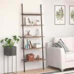 Five-Tier Leaning Shelf in Dark Brown and Black - Sturdy Steel Frame  Ample Storage Space  Ideal for Home and Office