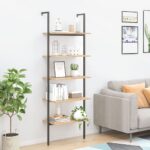 Five-Tier Leaning Shelf in Light Brown and Black - Compact  Sturdy Steel Frame  Ideal for Home and Office