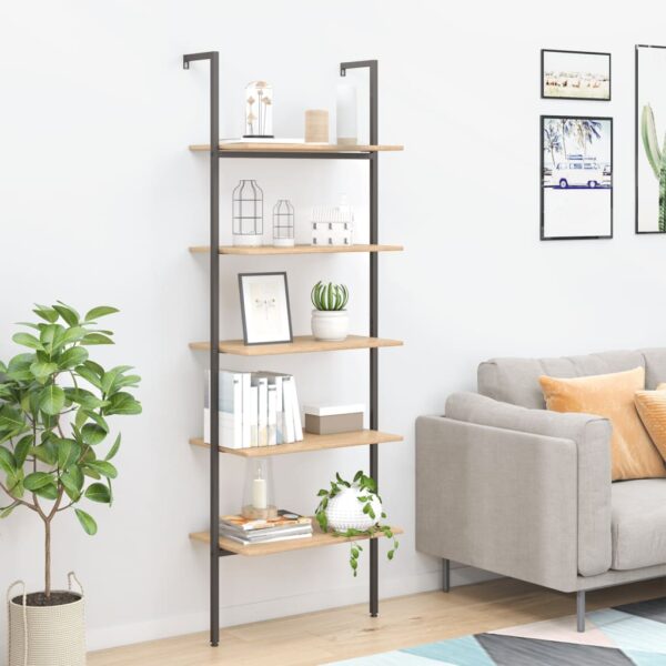 Five-Tier Leaning Shelf in Light Brown and Black - Compact  Sturdy Steel Frame  Ideal for Home and Office