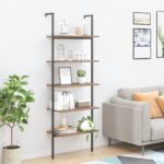 5-Tier Leaning Shelf Dark Brown and Black  Sturdy Steel Frame  Ample Storage Space