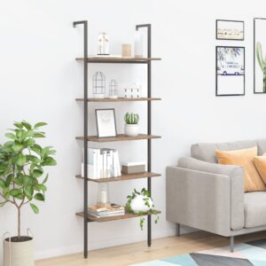 5-Tier Leaning Shelf Dark Brown and Black  Sturdy Steel Frame  Ample Storage Space