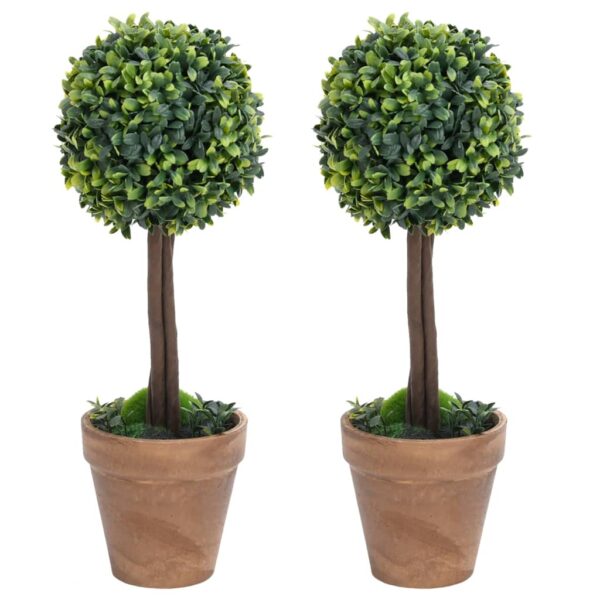 Artificial Boxwood Plants Set of Two with Pots  Ball Shaped  Green  Weather-Resistant  Indoor and Outdoor Use